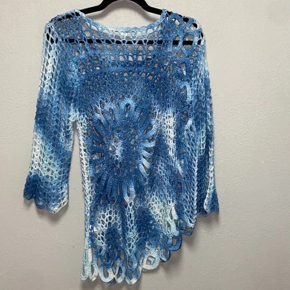 Boston Proper Blue White Open Stitch Crochet V-Neck Sweater 3625 - Picture 7 of 10